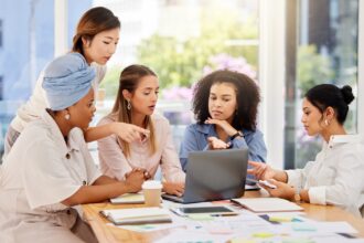 Digital marketing, creative business women planning, collaboration and marketing ideas brainstormin