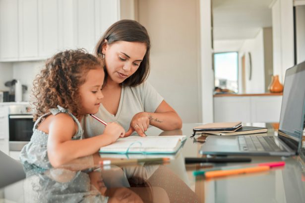 Mother, child and learning of parent helping her daughter with homework in the kitchen for educatio