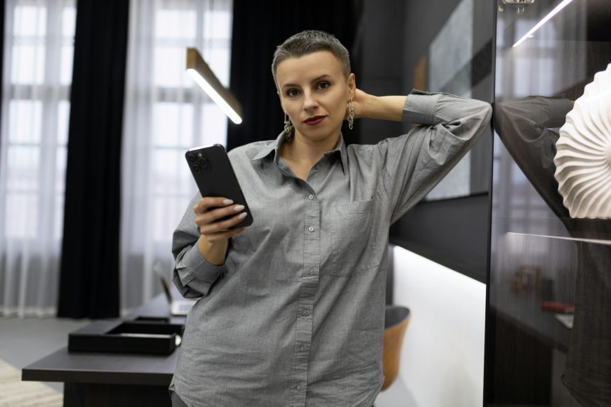 portrait of a successful and independent modern middle-aged woman with a short haircut in a sterile